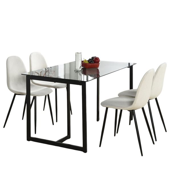 Homy Casa 5-Piece Modern Dining Set with Glass Table & Beige Fabric Chairs