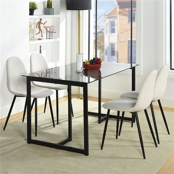 Homy Casa 5-Piece Modern Dining Set with Glass Table & Beige Fabric Chairs