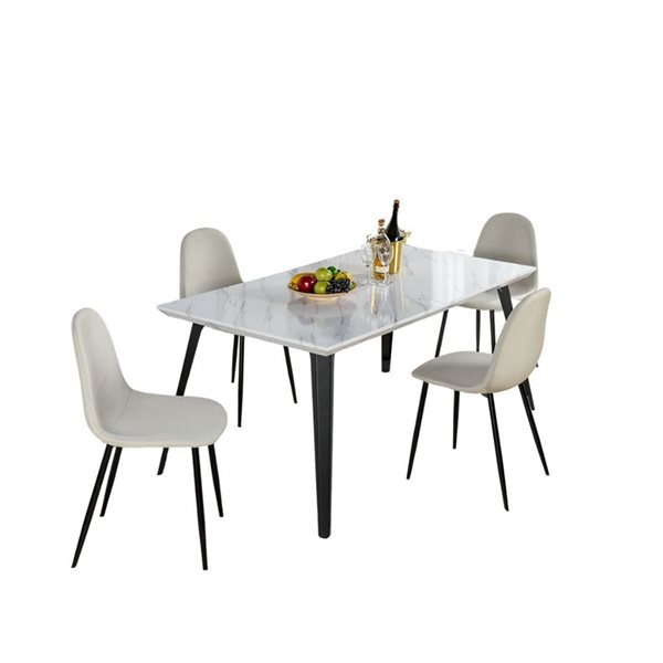 Homy Casa 5-Piece Modern Mid-Century Dining Set with Marble White Table & Beige Fabric Chairs