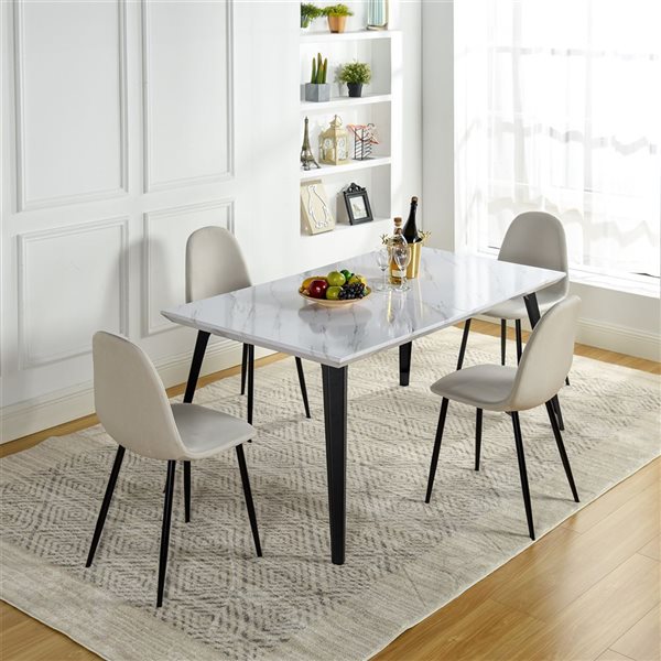 Homy Casa 5-Piece Modern Mid-Century Dining Set with Marble White Table & Beige Fabric Chairs