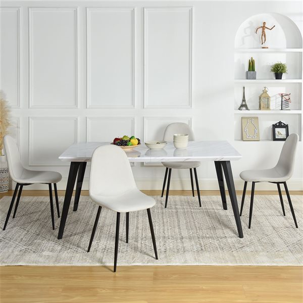 Homy Casa 5-Piece Modern Mid-Century Dining Set with Marble White Table & Beige Fabric Chairs