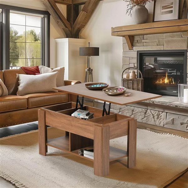 Homy Casa ELOT Walnut Brown Rectangle Wooden Top Coffee Table 37 W x 19 D x 18-in H w/ Lift Top