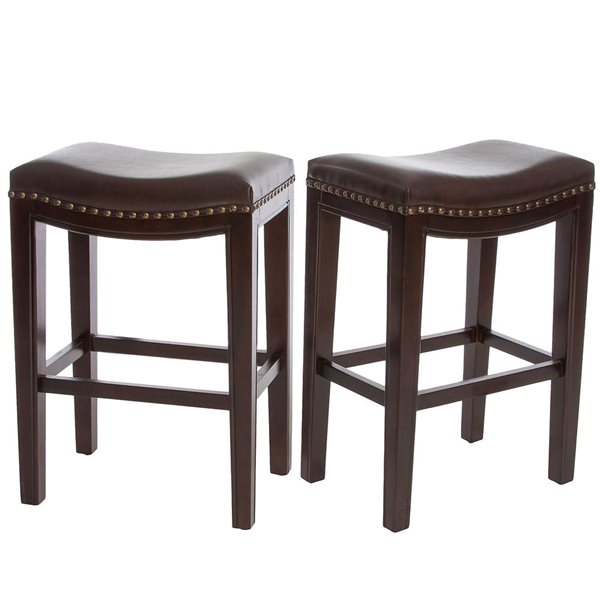 WELLFOR Brown Wood/Faux Leather Saddle Counter Stools w/ Nailheads - Set of 2