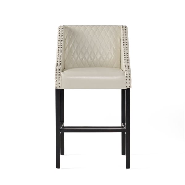 WELLFOR Off-White Faux Leather/Black Wood Contemporary Bucket Seat Bar Stool w/ Nailheads