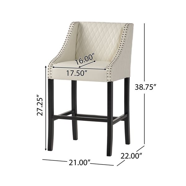 WELLFOR Off-White Faux Leather/Black Wood Contemporary Bucket Seat Bar Stool w/ Nailheads