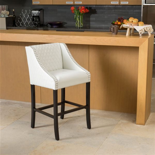 WELLFOR Off-White Faux Leather/Black Wood Contemporary Bucket Seat Bar Stool w/ Nailheads