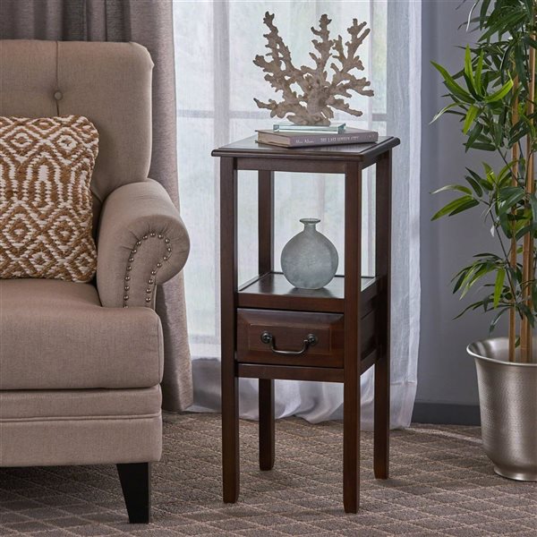 WELLFOR 13 W x 30.25 H Brown Acacia Wood Accent End Table w/ Drawer