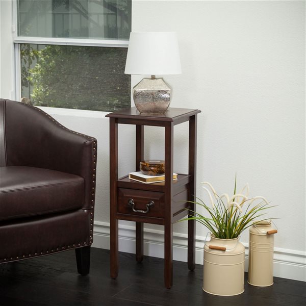 WELLFOR 13 W x 30.25 H Brown Acacia Wood Accent End Table w/ Drawer