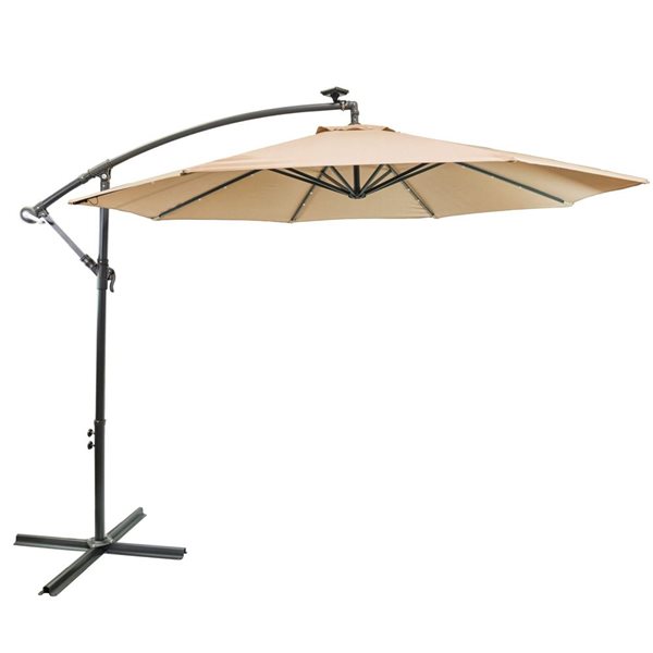 Parasol excentré 10 pi en aluminium Sun Ray de Think Pation à éclairage solaire avec base croisée, beige