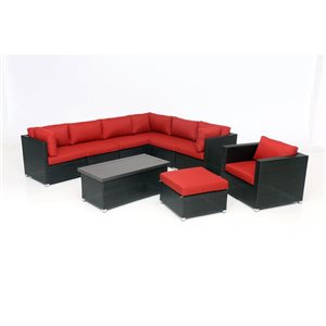 Ensemble de conversation 9 pièces pour patio Innesbrook par Think Patio osier noir/coussins rouges
