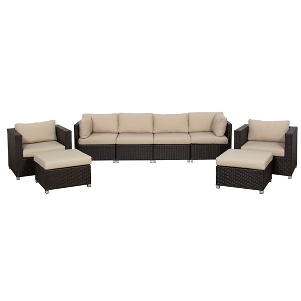 Ensemble de conversation 8 pièces pour patio Innesbrook par Think Patio osier brun avec coussins beiges inclus
