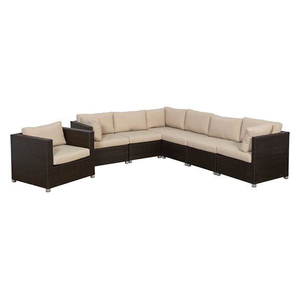 Patio Set Rona Think Patio Innesbrook Brown Wicker/Beige Cushion 7-Piece Patio ...