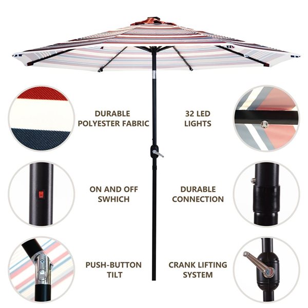 Think Pation Sun Ray 9-ft 8-Rib Round Umbrella with Solar-Powered Lighting - Blue/Red/White Striped