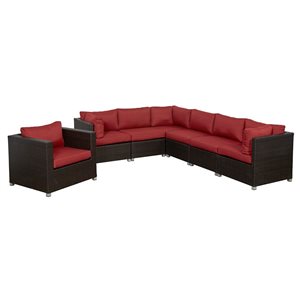 Ensemble de conversation 7 pièces pour patio Innesbrook par Think Patio osier brun/coussins rouges