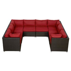 Ensemble de conversation 8 pièces pour patio Innesbrook par Think Patio osier brun avec coussins rouges inclus