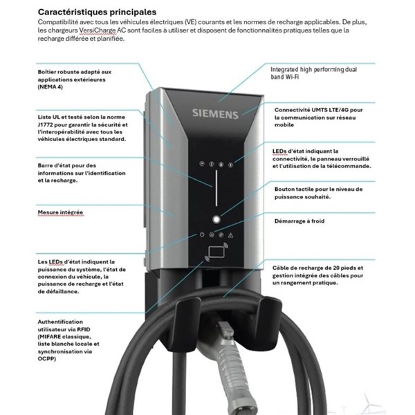 Borne de recharge résidentielle VersiCharge de Siemens pour véhicule électrique 40 A niveau 2 et Wi-Fi