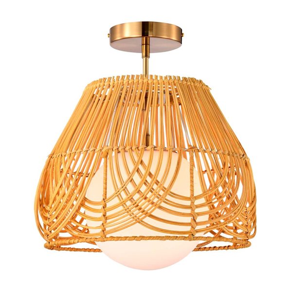 Home Accessories Inc Lada 1-Light 13-in L Rattan and Brass Semi-Flush Mount Ceiling Light