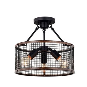 Home Accessories Inc Cerere 3-Light 14-in L Matte Black and Wood Semi-Flush Mount Ceiling Light