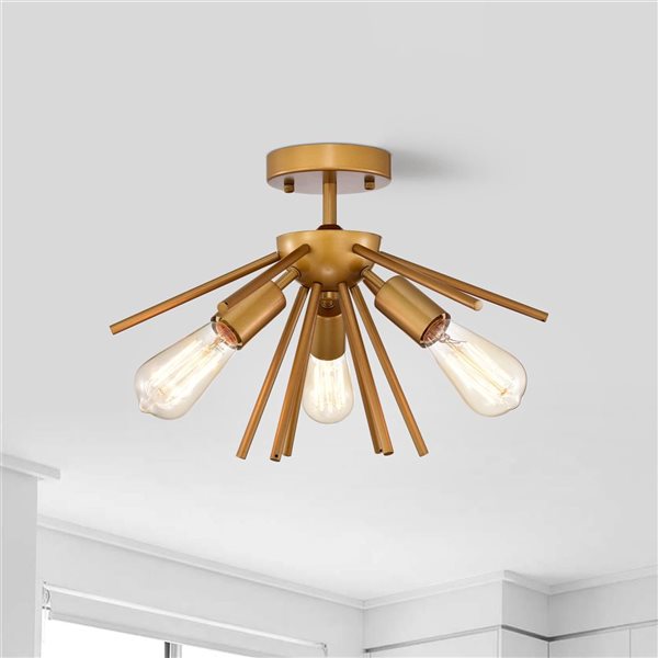 Home Accessories Inc Amalia 3-Light 17-in L Gold Mid-Century Sputnik Semi-Flush Mount Ceiling Light