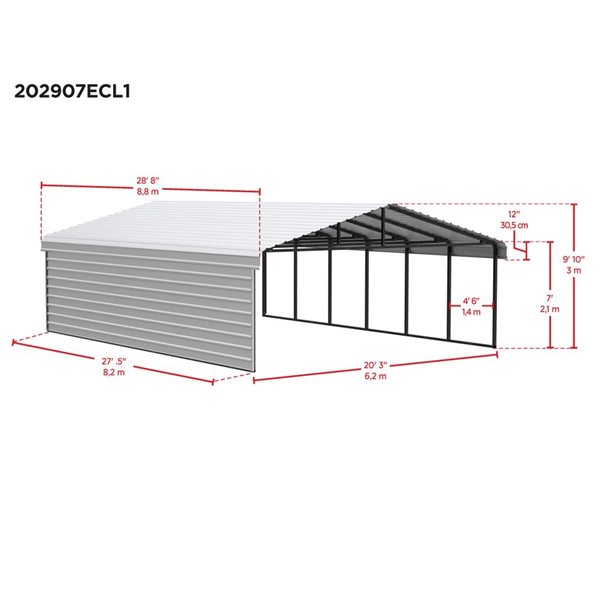 Arrow 20 W x 29 L x 7-ft H Eggshell Galvanized Steel Carport w/ 1-Sided Enclosure