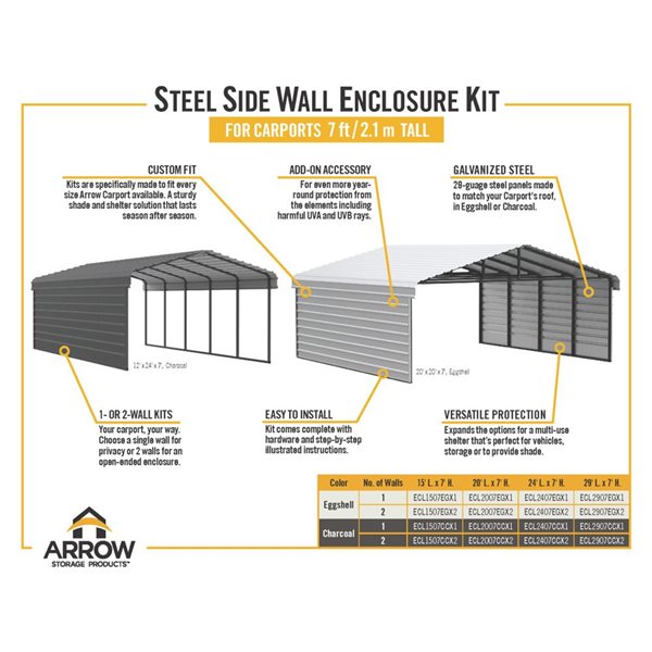 Arrow 20 W x 29 L x 7-ft H Eggshell Galvanized Steel Carport w/ 1-Sided Enclosure