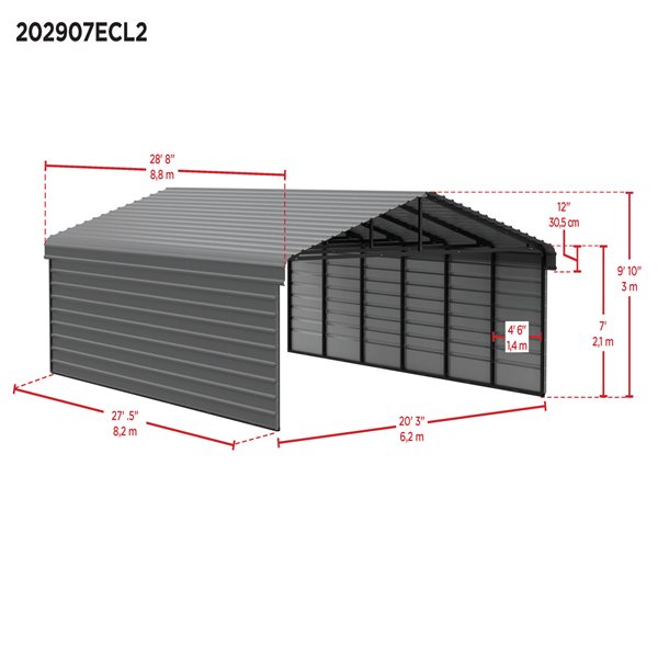 Arrow Steel Carport with 2 Side Wall Kits, 20x29x07