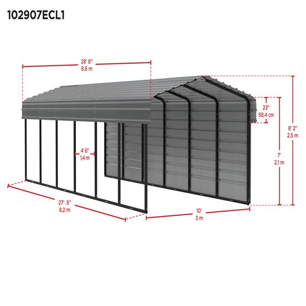 Arrow Steel Carport with 1 Side Wall Kit 10X29X07