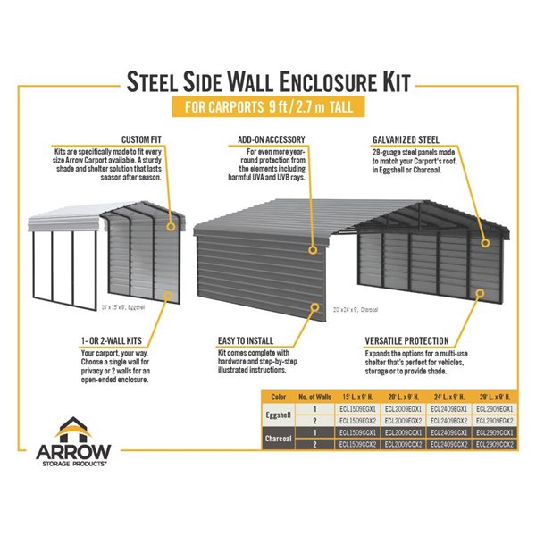 Arrow 10 W x 15 L x 9-ft H Eggshell Galvanized Steel Carport w/ 1-Sided Enclosure