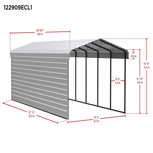 Arrow Steel Carport with 1 Side Wall Kit, 12x29x09