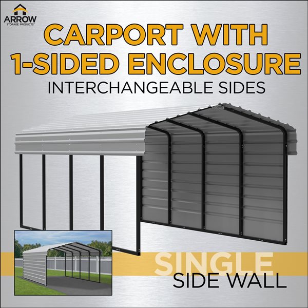Arrow Steel Carport with 1 Side Wall Kit, 12x29x09