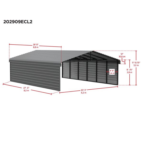 Arrow 20 W x 29 L x 9-ft H Charcoal Galvanized Steel Carport w/ 2-Sided Enclosure