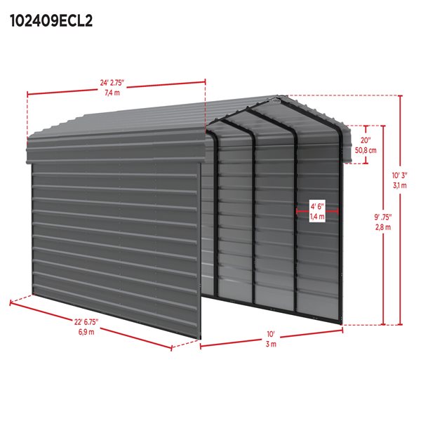 Arrow Steel Carport with 2 Side Wall Kits, 10x24x09