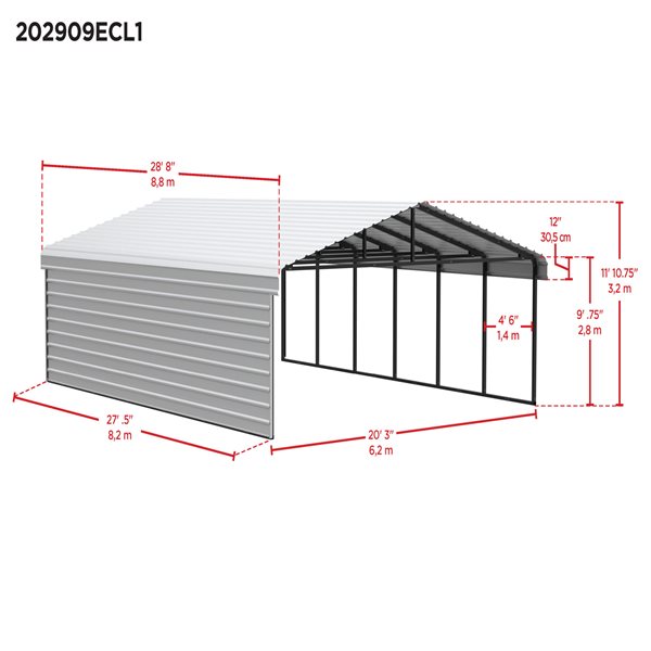 Arrow Steel Carport with 1 Side Wall Kit, 20x29x09