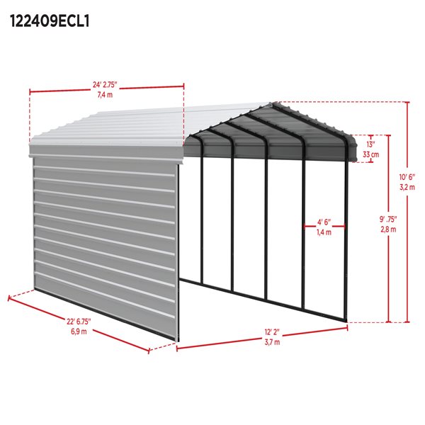 Arrow Steel Carport with 1 Side Wall Kit, 12x24x09