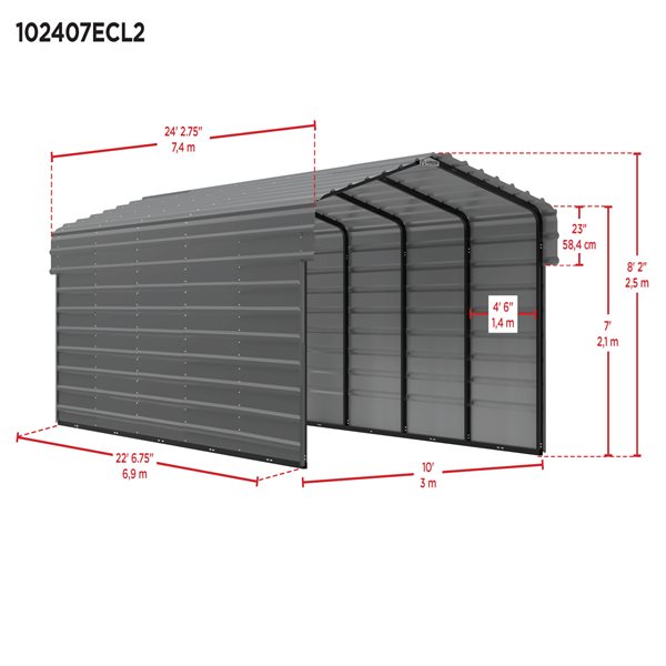 Arrow Steel Carport with 2 Side Wall Kits, 10X24X07