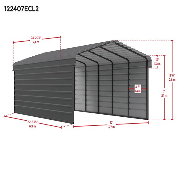 Arrow Steel Carport with 2 Side Wall Kits, 12X24X07