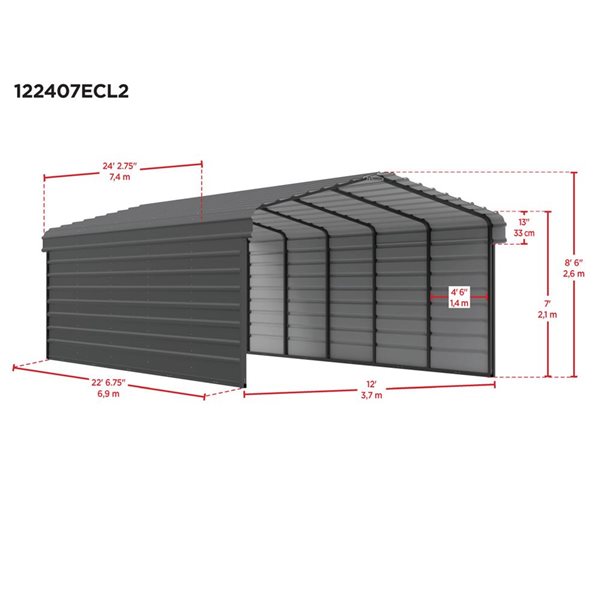 Arrow 12 W x 24 L x 7-ft H Eggshell Galvanized Steel Carport w/ 2-Sided Enclosure