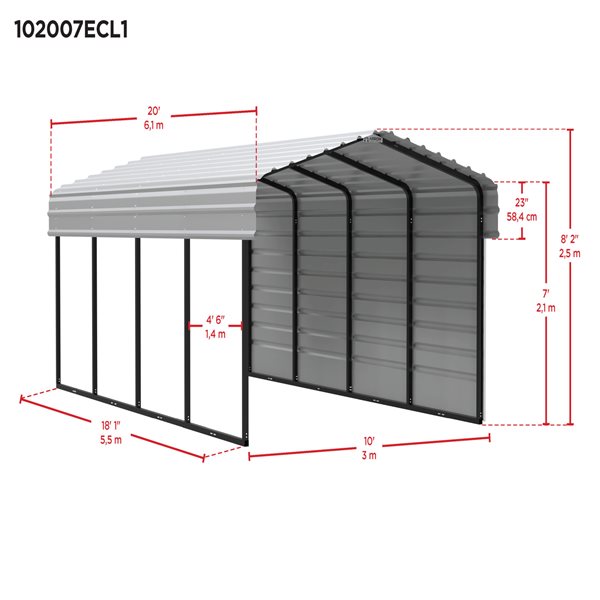 Arrow Steel Carport with 1 Side Wall Kit, 10X20X07