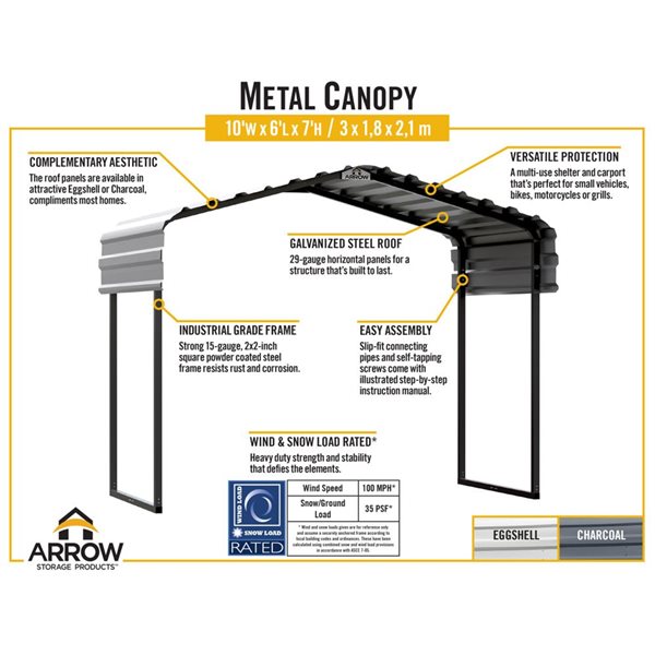 Arrow 10 W x 6 L x 7-ft H Charcoal Galvanized Steel Roof Metal Canopy