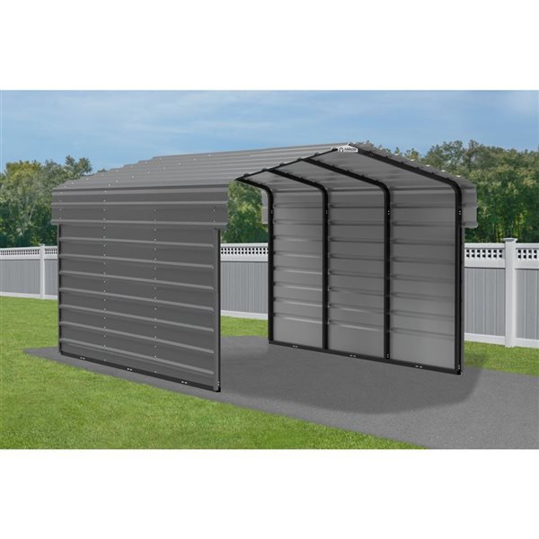 Arrow 10 W x 15 L x 7-ft H Charcoal Galvanized Steel Carport w/ 2-Sided Enclosure