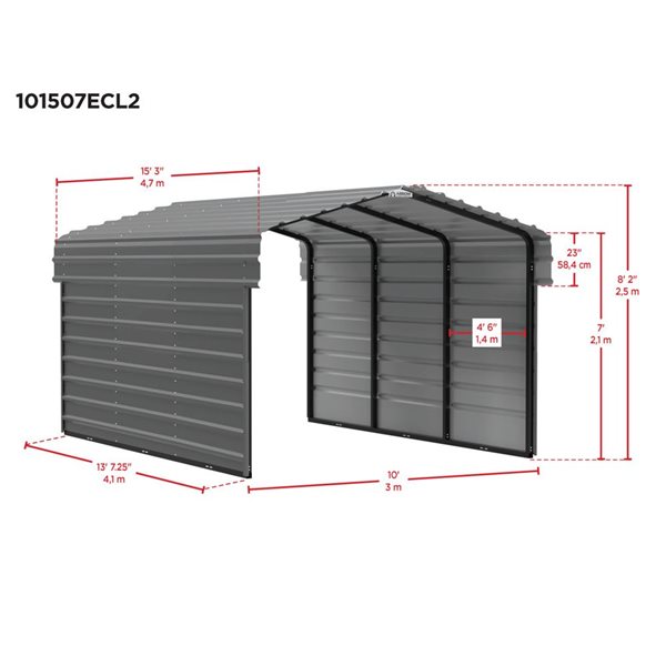 Arrow 10 W x 15 L x 7-ft H Charcoal Galvanized Steel Carport w/ 2-Sided Enclosure