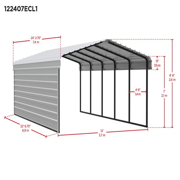 Arrow Steel Carport with 1 Side Wall Kit, 12X24X07