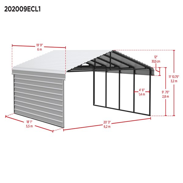 Arrow Steel Carport with 1 Side Wall Kit, 20x20x09