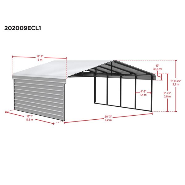 Arrow 20 W x 20 L x 9-ft H Eggshell Galvanized Steel Carport w/ 1-Sided Enclosure