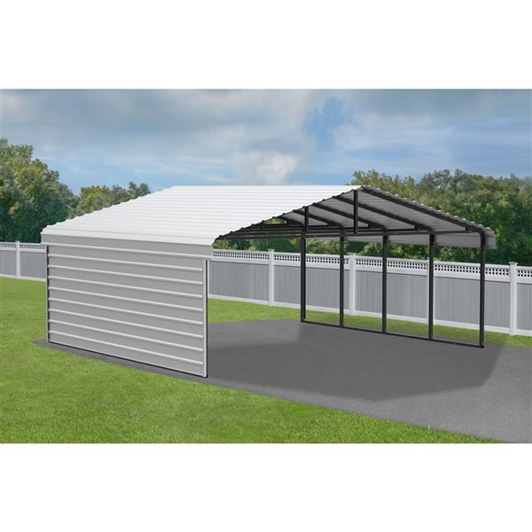 Arrow 20 W x 20 L x 9-ft H Eggshell Galvanized Steel Carport w/ 1-Sided Enclosure