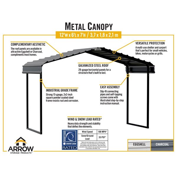 Arrow 12 W x 6 L x 7-ft H Charcoal Galvanized Steel Roof Metal Canopy