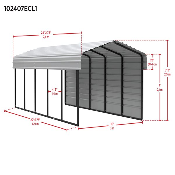 Arrow Steel Carport with 1 Side Wall Kit, 10X24X07