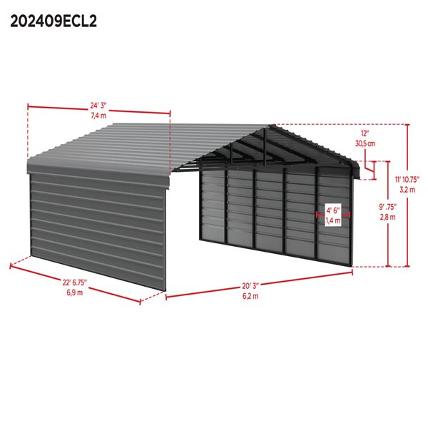 Arrow Steel Carport with 2 Side Wall Kits, 20x24x09