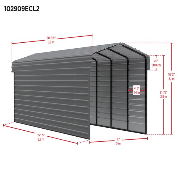 Arrow Steel Carport with 2 Side Wall Kits, 10x29x09