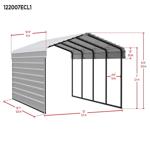 Arrow Steel Carport with 1 Side Wall Kit, 12x20x07